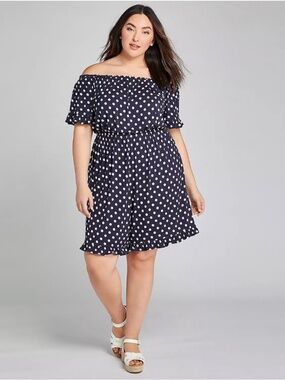 Lane Bryant Off-shoulder Navy and White Polka Dot Romper